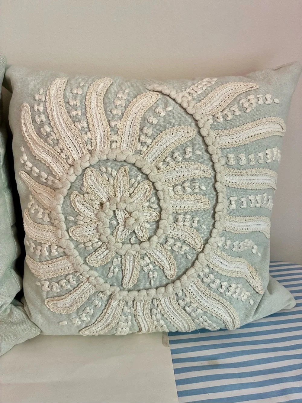 POTTERY BARN Embroidered Sunburst Throw Pillows - Pale Aqua & Cream (Set of 2)
